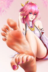 Rule 34 | 1girl, absurdres, barefoot, feet, genshin impact, highres, light blush, long hair, looking at viewer, open mouth, pink hair, purple eyes, soles, toes, yae miko, za.yu