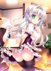 Rule 34 | 1girl, apron, ass, belleage pozon, black thighhighs, blue bow, blue hairband, blush, bow, cameltoe, censored nipples, commentary request, finger to mouth, frilled apron, frilled skirt, frills, green eyes, hair between eyes, hair bow, hair intakes, hairband, highres, hime to otome no yakimochi love, holding, holding menu, indoors, long hair, looking at viewer, looking back, menu, mikeou, panties, parted lips, pink panties, pleated skirt, puffy short sleeves, puffy sleeves, purple bow, purple skirt, shirt, short sleeves, shushing, silver hair, skirt, smile, solo, table, thighhighs, underwear, very long hair, waist apron, waitress, white apron, white shirt