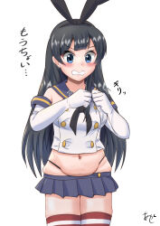 Rule 34 | 1girl, agano (kancolle), akashieru, black hair, black hairband, black neckerchief, black panties, blue sailor collar, blue skirt, breasts, clenched teeth, commentary request, cosplay, crop top, elbow gloves, gloves, green eyes, hairband, highleg, highleg panties, highres, kantai collection, long hair, looking at viewer, medium breasts, microskirt, miniskirt, navel, neckerchief, one-hour drawing challenge, panties, pleated skirt, plump, sailor collar, shimakaze (kancolle), shimakaze (kancolle) (cosplay), shirt, simple background, skirt, sleeveless, sleeveless shirt, solo, striped clothes, striped thighhighs, teeth, thighhighs, translation request, underwear, white background, white gloves