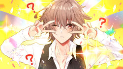 Rule 34 | 1boy, ?, artist name, black vest, blush, brown hair, collarbone, double v, dress shirt, falling petals, fate/apocrypha, fate/grand order, fate (series), hair between eyes, light blush, male focus, matori (penguin batake), one eye closed, parted lips, partially unbuttoned, petals, red eyes, shirt, short hair, sieg (fate), single hair intake, sparkle, teeth, twitter username, unbuttoned, unbuttoned shirt, upper body, v, v over eye, vest, white shirt