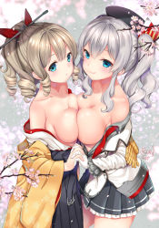 Rule 34 | 2girls, asymmetrical docking, bare shoulders, beret, black hakama, black headwear, blue eyes, blurry, breast press, breasts, brown hair, cherry blossoms, cleavage, closed mouth, collarbone, cowboy shot, dated, drill hair, epaulettes, eyebrows, frilled skirt, frilled sleeves, frills, from side, gloves, grey shirt, grey skirt, hair ribbon, hakama, hakama skirt, has bad revision, has downscaled revision, hat, hatakaze (kancolle), highres, holding hands, interlocked fingers, jacket, japanese clothes, kantai collection, kashima (kancolle), kimono, large breasts, long hair, long sleeves, looking at viewer, looking to the side, md5 mismatch, medium breasts, military jacket, multiple girls, no bra, off shoulder, open clothes, open kimono, open shirt, parted lips, petals, pleated skirt, ponytail, red ribbon, resolution mismatch, ribbon, shibi, shiny skin, shirt, sidelocks, signature, silver hair, skirt, source smaller, standing, tareme, topless, twintails, white gloves, white kimono, wide sleeves, yuri