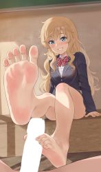 1girl barefoot blonde_hair blue_eyes blush botan_m feet footjob highres idolmaster idolmaster_cinderella_girls long_hair looking_at_viewer ohtsuki_yui parted_lips school_uniform smile soles steam toes