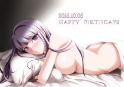 Rule 34 | 10s, 1girl, 2016, ass, bed sheet, black gloves, blunt bangs, blush, breasts, butt crack, closed mouth, danganronpa: trigger happy havoc, danganronpa (series), dated, english text, eyebrows, from side, gloves, gradient background, happy birthday, highres, kirigiri kyoko, large breasts, long hair, looking at viewer, looking to the side, lying, makiri akira, naked sheet, hugging object, on bed, on stomach, pillow, pillow hug, pink hair, purple eyes, sideboob, smile, solo, tsurime