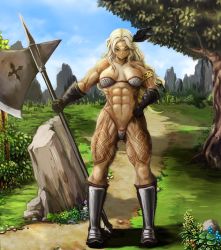 Rule 34 | 1girl, abs, amazon (dragon&#039;s crown), amazon warrior, axe, blonde hair, breasts, bulge, dragon&#039;s crown, female focus, green eyes, highres, huge breasts, muscular, muscular female, solo, weapon