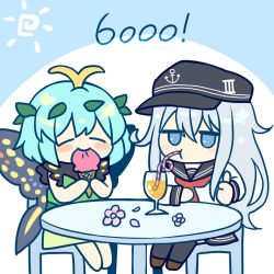 Rule 34 | 2girls, anchor symbol, antennae, aqua hair, barefoot, black headwear, black legwear, black sailor collar, black skirt, blue eyes, blush, blush stickers, brown footwear, butterfly wings, chair, chibi, closed eyes, closed mouth, crossover, cup, dress, drink, drinking, drinking glass, drinking straw, drinking straw in mouth, eating, eternity larva, fairy, flat cap, flower, food, green dress, hair between eyes, hat, hibiki (kancolle), highres, holding, holding food, ice cream, insect wings, kantai collection, kaoling, leaf, leaf on head, long hair, long sleeves, multicolored clothes, multicolored dress, multiple girls, neckerchief, pink flower, red neckerchief, sailor collar, school uniform, serafuku, shoes, short hair, silver hair, single strap, sitting, skirt, smile, thighhighs, thumbs up, touhou, wings