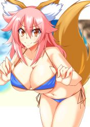 Rule 34 | 10s, 1girl, animal ears, bikini, breasts, cleavage, collarbone, fate/extra, fate/grand order, fate (series), fiesta (fiesta303), fox ears, fox tail, groin, highres, large breasts, long hair, looking at viewer, navel, pink hair, solo, swimsuit, tail, tamamo (fate), tamamo no mae (fate/extra), tamamo no mae (swimsuit lancer) (fate), underboob, yellow eyes