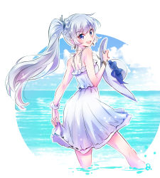 Rule 34 | 1girl, :d, bare shoulders, blue eyes, blush, bow, bracelet, commentary request, dress, earrings, floating hair, from side, hair ornament, hat, hat bow, highres, holding, holding clothes, holding hat, iesupa, jewelry, long hair, looking at viewer, necklace, ocean, open mouth, outside border, revision, round image, rwby, scar, scar across eye, scar on face, scrunchie, side ponytail, skirt hold, smile, solo, spaghetti strap, sun hat, sundress, unworn hat, unworn headwear, very long hair, wading, water, weiss schnee, white dress, white hair, wrist scrunchie