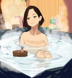 Rule 34 | 1girl, black eyes, black hair, breasts, bucket, cleavage, fence, floating, floating object, ganbare douki-chan, nude, onsen, outdoors, partially submerged, senpai-san (douki-chan), shi (pixiv40090524), smile, solo, steam, tokkuri, water, wooden bucket, wooden fence