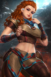 Rule 34 | 1girl, aloy (horizon), blurry, blurry background, braid, breasts, brown pants, cowboy shot, freckles, green eyes, hands up, horizon (video game), horizon zero dawn, jewelry, large breasts, long hair, midriff, multiple braids, navel, necklace, neoartcore, orange hair, pants, parted lips, realistic, short sleeves, smile, solo