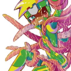 Rule 34 | 1boy, blonde hair, dark-skinned male, dark skin, green headwear, green outfit, happy heroes, magnet, male focus, mask, octopus, popped collar, simple background, smart s, tentacles, white background