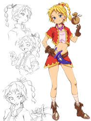 Rule 34 | 1girl, blonde hair, blue eyes, braid, breasts, chrono cross, commentary request, gloves, jewelry, kid (chrono cross), long hair, looking at viewer, midriff, minami fuzei, multi-tied hair, navel, necklace, ponytail, single braid, skirt, smile, solo, vest