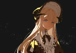 Rule 34 | 1girl, arknights, black background, black bow, black bowtie, black dress, black headwear, blonde hair, blue eyes, bonnet, bow, bowtie, chinese commentary, commentary request, dress, eyebrows hidden by hair, horns, horns through headwear, indai (3330425), light particles, long hair, looking at viewer, nightingale (an elegy) (arknights), nightingale (arknights), official alternate costume, parted lips, portrait, simple background, solo