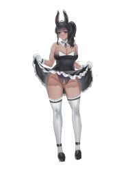 Rule 34 | 1girl, absurdres, animal ears, bare shoulders, black dress, black footwear, black hair, breasts, cleavage, cleft of venus, closed mouth, clothes lift, commentary, crotchless, crotchless panties, dark-skinned female, dark skin, detached collar, dress, dress lift, full body, gloves, highres, lace, lace-trimmed thighhighs, large breasts, looking at viewer, milephunter, original, panties, purple eyes, purple panties, pussy, simple background, smile, solo, standing, thighhighs, uncensored, underwear, white background, white gloves, white thighhighs