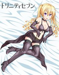 Rule 34 | 1girl, bed, blonde hair, boots, choker, elbow gloves, gloves, high heel boots, high heels, highres, kyuutou (kyuutouryuu), lieselotte sherlock, purple eyes, short shorts, shorts, thigh boots, thighhighs, tongue, tongue out, trinity seven, twintails