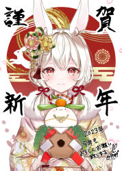 Rule 34 | 1girl, 2023, :3, absurdres, animal ear fluff, animal ears, blush, box, chinese zodiac, closed mouth, commentary request, egasumi, floral print, flower, food, fruit, fur-trimmed kimono, fur trim, hair flower, hair ornament, hair ribbon, hand fan, happy new year, highres, holding, holding box, japanese clothes, kabu usagi, kimono, long sleeves, looking at viewer, low twintails, mandarin orange, medium hair, nengajou, new year, original, rabbit ears, red eyes, red ribbon, ribbon, sanbou, shide, smile, solo, straight-on, sun symbol, twintails, upper body, white hair, year of the rabbit, yellow flower, yellow kimono