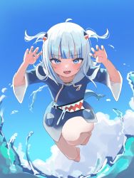 Rule 34 | 1girl, absurdres, ahoge, animal hood, blue eyes, blue hair, blue hoodie, blue nails, blue sky, breasts, claw pose, cloud, fins, fish tail, gawr gura, gawr gura (1st costume), grunel (grunel 7979), hair ornament, highres, hololive, hololive english, hood, hoodie, jumping, looking at viewer, medium hair, multicolored hair, nail polish, shark girl, shark hair ornament, shark hood, shark tail, sharp teeth, short twintails, sky, small breasts, streaked hair, tail, teeth, toenail polish, toenails, twintails, virtual youtuber, water, white hair