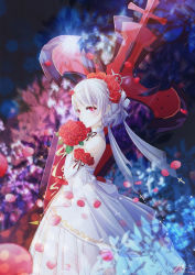 Rule 34 | 1girl, bouquet, bridal veil, chan yuan, closed mouth, cross (weapon), dress, flower, hair flower, hair ornament, highres, holding, holding bouquet, honkai (series), honkai impact 3rd, looking at viewer, petals, red eyes, red flower, red rose, rose, sleeveless, sleeveless dress, smile, solo, theresa apocalypse, theresa apocalypse (luna kindred), veil, wedding dress, white dress, white hair, white sleeves