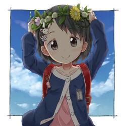 1girl ashida_ichirou backpack bag black_hair blue_cardigan blue_sky border brown_eyes cardigan closed_mouth cloud collarbone commentary_request dot_nose flower hair_ornament hairclip head_wreath heart heart_in_eye idolmaster idolmaster_cinderella_girls long_sleeves looking_at_viewer name_tag outside_border rabbit_hair_ornament randoseru red_bag sasaki_chie short_hair sky smile solo sparkling_eyes star_(symbol) star_in_eye symbol_in_eye tareme upper_body white_border