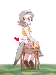 Rule 34 | 0x0082, 1girl, alternate costume, arrow (symbol), back bow, bare shoulders, bow, brown footwear, coat, collar, commentary request, dress, enmaided, extra ears, frilled collar, frills, from behind, glasses, grey hair, high collar, highres, kemono friends, kemono friends 3, looking at viewer, maid, maid headdress, meerkat (kemono friends), meerkat ears, meerkat tail, multicolored hair, necktie, official alternate costume, orange dress, short hair, sitting, sleeve cuffs, sleeveless, socks, solo, stool, two-tone hair, white bow, white coat, white hair, white socks, yellow necktie