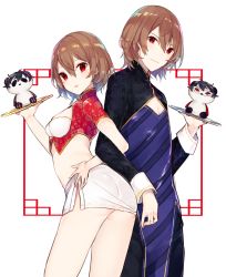 Rule 34 | 10s, 1boy, 1girl, akechi gorou, amamiya ren, ass, bad id, bad pixiv id, breasts, brown hair, chinese clothes, cleavage, cleavage cutout, clothing cutout, genderswap, genderswap (mtf), highres, light brown hair, locked arms, looking at viewer, medium hair, midriff, pale skin, parted lips, patterned clothing, persona, persona 5, red eyes, sakofu, shiny clothes, short hair, simple background, skirt, small breasts, smile, standing, stuffed toy, tray