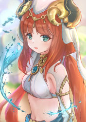 Rule 34 | 1girl, :d, absurdres, aqua eyes, blurry, blurry background, breasts, brooch, circlet, crop top, genshin impact, gold trim, harem outfit, highres, horns, jewelry, long hair, looking at viewer, low twintails, medium breasts, navel, neck ring, nilou (genshin impact), open mouth, red hair, shirt, shrug (clothing), sidelocks, smile, solo, stomach, twintails, upper body, veil, water, white shirt, yonatsu yoshiaki