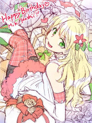 Rule 34 | 1girl, ahoge, blonde hair, blush, dress, elbow gloves, flower, gloves, green eyes, hair flower, hair ornament, hoshii miki, idolmaster, idolmaster (classic), long hair, looking at viewer, looking back, open mouth, redrop, smile, solo, thighhighs