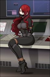 Rule 34 | 1girl, absurdres, arms behind back, bdsm, bodysuit, bondage, bound, breasts, computer, gag, hair over one eye, high heels, highres, just some guy, kirijou mitsuru, large breasts, long hair, monitor, persona, persona 3, persona 4: the ultimate in mayonaka arena, red eyes, red hair, restrained, sitting, skin tight, uniform