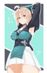 Rule 34 | 1girl, ahoge, armpits, arms behind head, arms up, black bow, blonde hair, blush, bow, breasts, choker, closed mouth, fate/grand order, fate (series), green kimono, hair bow, half updo, highres, japanese clothes, kimono, koha-ace, large breasts, long sleeves, looking at viewer, murio, musical note, okita souji (fate), okita souji (koha-ace), short hair, short kimono, skirt, smile, thighs, white skirt, wide sleeves, yellow eyes