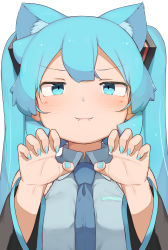 Rule 34 | 1girl, abmayo, animal ears, aqua hair, bare shoulders, blue necktie, blush, cat ears, claw pose, commentary request, grey shirt, hair ornament, hatsune miku, highres, long hair, looking at viewer, necktie, shiny skin, shirt, simple background, smile, solo, twintails, upper body, very long hair, vocaloid, white background