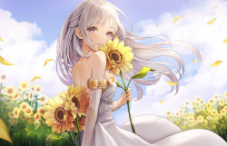 Rule 34 | 1girl, blue sky, blush, breasts, cloud, commentary request, day, detached sleeves, dress, floating hair, flower, holding, holding flower, long hair, long sleeves, looking at viewer, looking to the side, lunacle, original, outdoors, parted lips, petals, purple eyes, revision, silver hair, sky, small breasts, solo, strapless, strapless dress, summer, sunflower, two side up, very long hair, white dress, white flower, yellow flower