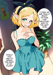 Rule 34 | 1girl, bare shoulders, blonde hair, blue dress, blue eyes, blush, breasts, cleavage, collarbone, couple, dress, elf, english text, hair ribbon, hairband, hand on own chest, hetero, highres, link, looking at viewer, nintendo, pointy ears, princess zelda, ribbon, short hair, smile, snegovski, speech bubble, the legend of zelda