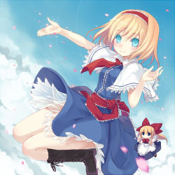 Rule 34 | 1girl, alice margatroid, apron, arms up, blonde hair, blue dress, blue eyes, blue sky, boots, bow, capelet, cloud, cross-laced footwear, day, doll, dress, empty eyes, female focus, hair bow, hair ribbon, lace-up boots, long hair, minamura haruki, necktie, petals, puppet strings, ribbon, shanghai doll, short hair, sky, smile, solo, touhou, waist apron