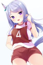 Rule 34 | 1girl, :d, absurdres, animal ears, bib, blue hair, blush, bow, ear ribbon, green ribbon, gym shirt, gym shorts, gym uniform, hand in own hair, hand up, highres, horse ears, horse girl, horse tail, long hair, mejiro mcqueen (umamusume), navel, open mouth, puffy short sleeves, puffy sleeves, purple eyes, red shorts, ribbon, segaxtu, shirt, short shorts, short sleeves, shorts, simple background, smile, solo, swept bangs, tail, umamusume, white background, white shirt