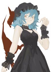 Rule 34 | 1girl, absurdres, alternate costume, bare shoulders, bat wings, black dress, black hat, black wrist cuffs, blue hair, bow, dress, fingernails, frilled wrist cuffs, frills, hand up, hat, hat bow, highres, looking at viewer, medium hair, messy hair, mob cap, red bow, red eyes, red nails, red wings, reisende1969, remilia scarlet, sharp fingernails, sleeveless, sleeveless dress, strap, touhou, white background, wings, wrist cuffs