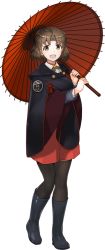 Rule 34 | 1girl, :d, bad id, bad twitter id, black footwear, black thighhighs, boots, breasts, brown eyes, brown hair, chiyoda (kancolle), full body, hakama, hakama skirt, headband, holding, holding umbrella, japanese clothes, kantai collection, knee boots, kuuro kuro, long sleeves, medium breasts, official art, oil-paper umbrella, open mouth, raincoat, rubber boots, short hair, skirt, smile, solo, standing, thighhighs, transparent background, umbrella