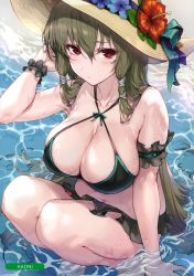 Rule 34 | absurdres, artist name, bikini, blush, breasts, brown hair, cleavage, closed mouth, collarbone, flower, haoni, hat, hibiscus, highres, large breasts, melonbooks, partially submerged, red eyes, scan, scrunchie, solo, swimsuit, water, wet, wrist scrunchie