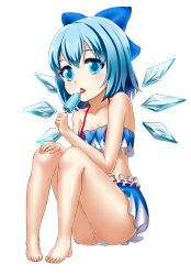 Rule 34 | 1girl, adapted costume, alternate costume, ass, bare shoulders, barefoot, blue eyes, blue hair, cirno, fairy, food, frills, full body, hair ornament, hair ribbon, highres, ice, ice wings, kohinata (sdu0628), looking at viewer, matching hair/eyes, midriff, open mouth, popsicle, pussy, ribbon, sexually suggestive, shirt, short hair, simple background, sitting, skirt, skirt set, sleeveless, solo, tongue, tongue out, touhou, vest, white background, wings