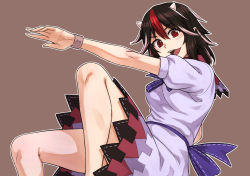 Rule 34 | 1girl, black hair, brown background, cone horns, dress, horns, kakone, kijin seija, looking at viewer, multicolored hair, open mouth, pointy ears, red eyes, red hair, short hair, short sleeves, simple background, solo, streaked hair, touhou, white dress, white hair, wristband