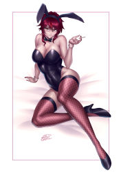 Rule 34 | 1girl, 2dswirl, bow, bowtie, breasts, cigarette, expressionless, fishnets, genshin impact, high heels, highres, large breasts, leotard, looking at viewer, pale skin, playboy bunny, red hair, rosaria (genshin impact), short hair, short hair with long locks, signature, smoking, thighhighs