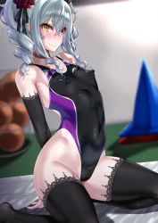 Rule 34 | 1girl, andou you, arms behind back, ball, black gloves, black thighhighs, blurry, commentary request, competition swimsuit, covered erect nipples, depth of field, drill hair, dutch angle, elbow gloves, fang, flat chest, gloves, long hair, mat, one-piece swimsuit, original, silver hair, skin fang, solo, swimsuit, thighhighs, traffic cone, twin drills, twintails, wavy mouth, yellow eyes