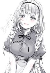 Rule 34 | 1girl, ao+beni, apron, greyscale, long hair, looking at viewer, maid, maid headdress, monochrome, original, ribbon, simple background, solo, standing, upper body, white background