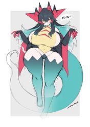 Rule 34 | 1girl, akao ni tore, arms up, black hair, blush, bodysuit, breasts, cape, colored sclera, creatures (company), curvy, dragapult, dragon girl, eyeshadow, game freak, gen 8 pokemon, green eyes, green sclera, hair between eyes, highres, horns, huge breasts, large tail, long hair, makeup, multicolored hair, nintendo, paw pose, personification, pokemon, sideboob, solo, tail, thick thighs, thighs, wide hips