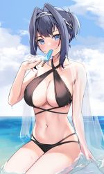 Rule 34 | 1girl, bare shoulders, bikini, black bikini, black hair, blue eyes, breasts, chain, cleavage, collarbone, commentary, criss-cross halter, day, english commentary, food, hair intakes, halterneck, hand up, highres, hololive, hololive english, kaetzchen, large breasts, looking at viewer, mouth hold, multi-strapped bikini, navel, ocean, ouro kronii, outdoors, popsicle, see-through, short hair, short ponytail, sidelocks, solo, stomach, swimsuit, thighs, virtual youtuber, water, wet