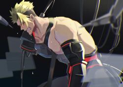 Rule 34 | 1boy, absurdres, achilles (fate), amputee, bare pectorals, black background, black pants, cable, clenched teeth, collarbone, fate (series), from side, haruakira, highres, large pectorals, leaning forward, male focus, mature male, muscular, muscular male, pants, pectorals, prosthesis, prosthetic arm, red eyes, solo, sweat, teeth, undercut