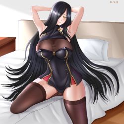 Rule 34 | 1girl, absurdres, armpits, azur lane, black dress, breasts, brown thighhighs, buttons, dated, double-breasted, dress, friedrich der grosse (azur lane), gold trim, hair over one eye, highres, indoors, large breasts, long hair, looking at viewer, microdress, on bed, sleeveless, solo, thighhighs, thighs, very long hair, yellow eyes, zhangdage