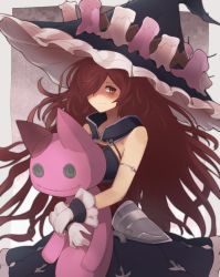 Rule 34 | 1girl, anna (granblue fantasy), armband, bare shoulders, big hair, black gloves, brown eyes, candle, closed mouth, commentary request, dress, frilled hat, frills, gloves, granblue fantasy, hair over one eye, hat, highres, holding, holding stuffed toy, long hair, messy hair, red hair, solo, stuffed animal, stuffed cat, stuffed toy, very long hair, witch, witch hat, yonaga san
