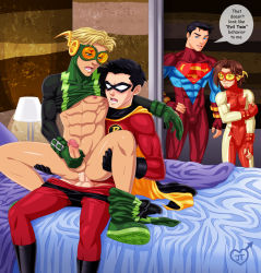 Rule 34 | 4boys, abs, anal, ass, bed, bedroom, dc comics, highres, jaytee, kid flash, male focus, male penetrated, mask, masturbation, multiple boys, muscular, nude, robin (dc), sex, superboy, text focus, walk-in, yaoi