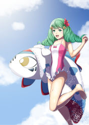 Rule 34 | 1girl, :d, barefoot, blue sky, bow, breasts, casual one-piece swimsuit, collarbone, day, fire emblem, fire emblem: three houses, flayn (fire emblem), flower, green eyes, green hair, hair flower, hair ornament, hibiscus, highres, leg up, long hair, nintendo, one-piece swimsuit, open mouth, outdoors, pink bow, red flower, sky, small breasts, smile, solo, sukkirito (rangusan), swimsuit, twintails