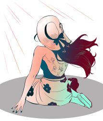 Rule 34 | 1girl, back, commentary, english commentary, floral print, hand on ground, hand on headwear, hat, highres, kuravix, long hair, nico robin, on ground, one piece, partially colored, sandals, scar, scar on back, solo