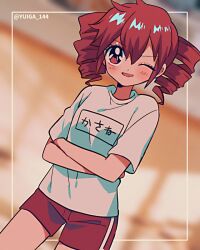 Rule 34 | 1980s (style), 1girl, blurry, blurry background, character name, clothes writing, commentary, cowboy shot, crossed arms, drill hair, dutch angle, framed, gym, gym shorts, gym uniform, indoors, kasane teto, light blush, oldschool, one eye closed, parted lips, red eyes, red hair, red shorts, retro artstyle, shirt, short hair, short sleeves, shorts, smile, solo, translated, twin drills, twitter username, utau, white shirt, yuusuke-kun